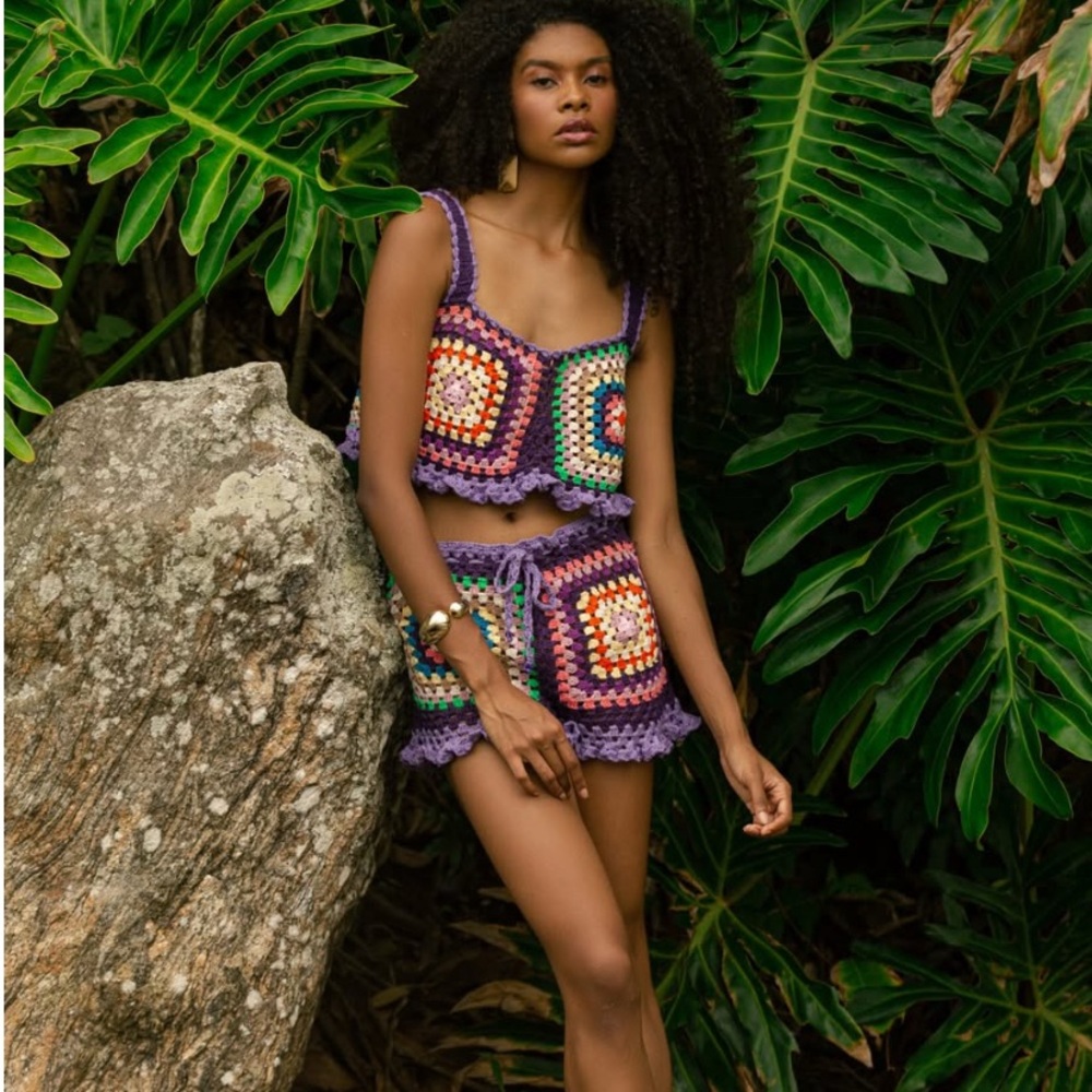 Crochet Square Tank and Shorts Set - Purple Multi